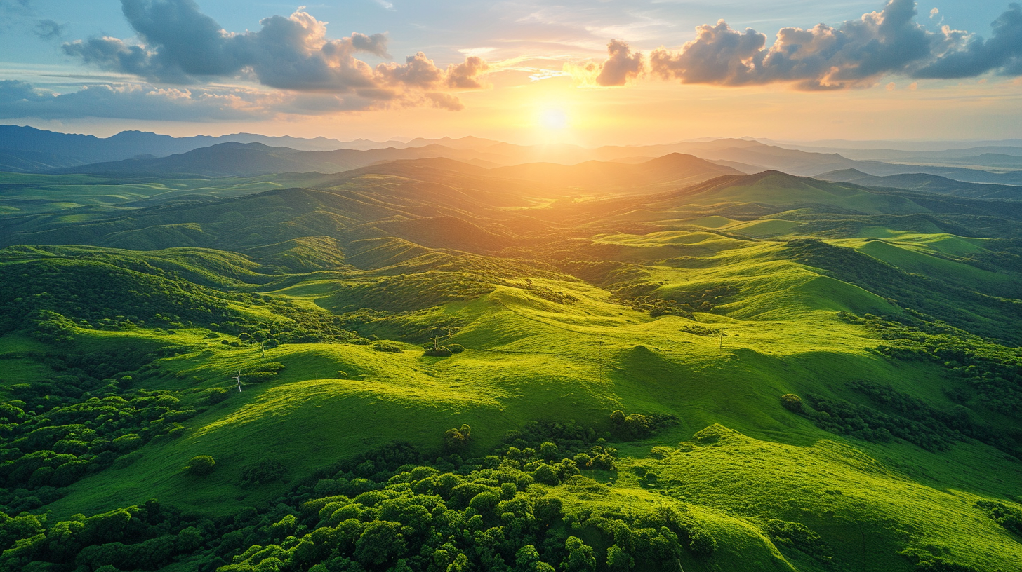 un paysage magnifique d'un champs vert et d'un couché de soleil